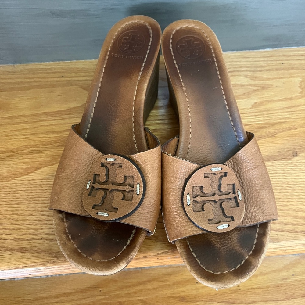 Tory Burch Tan Leather Slide Wedges